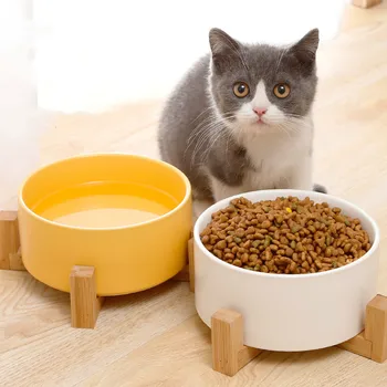

New Hot Sale Simple Style Ceramic Dog Bowl Cross Bamboo Wooden Frame Thickened Pet Ceramic Bowl Dog Bowl Pet Supplies