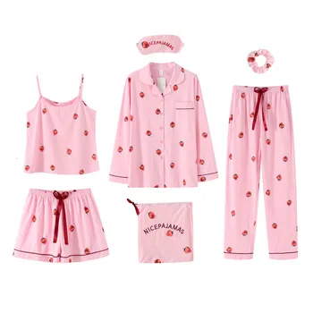 

Autumn New Cotton 7 Pieces Set Woman Long Sleeve Pajamas Strawberry Printing Sweet Pyjamas Set
