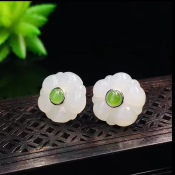 

Lovely Elegant Design 925 Sterling Silver White Jade Carved Flower Stud Earrings For Women Fine Jewelry