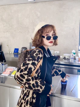 

LOUMANDO Spring and autumn new leopard pattern stitching pu motorcycle leather women's loose chic sweater knitted jacket trend