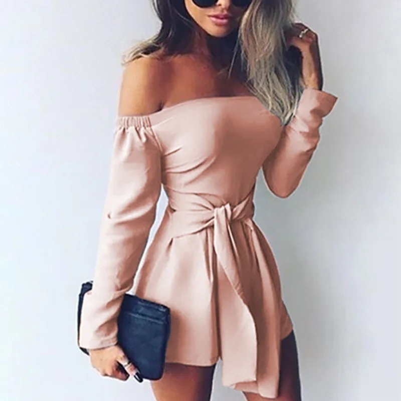 pink BKLD, комбинезон с длинным рукавом, женский, сексуальный, с открытыми плечами, на шнуровке, боди,, уличная мода, однотонный, свободный, короткий, комбинезон для женщин - Цвет: pink