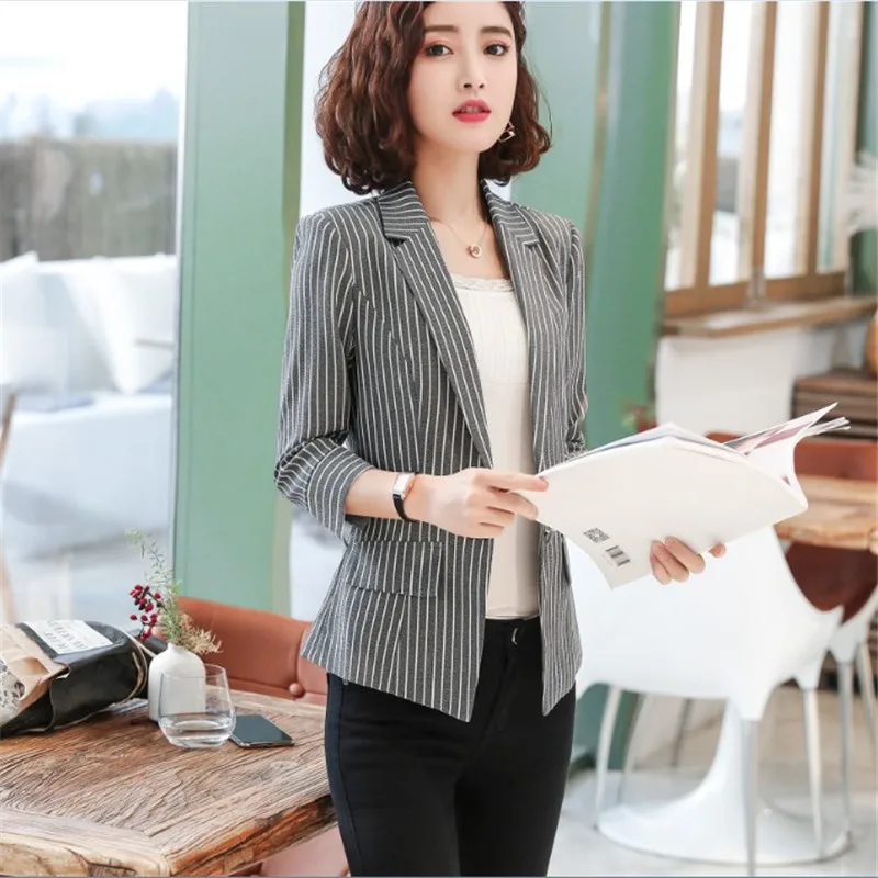 

Online Celebrity Small Suit Coat Women's 2019 Spring And Autumn New Style Versatile Vertical Striped Slim Fit Waist Hugging Work