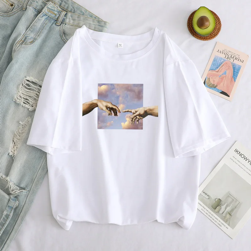 Women T Shirts Funny Print Aesthetic Hand Graphic T-shirt Oversized Tshirt Casual Top Tees Michelangelo Clothes Female T-shirt