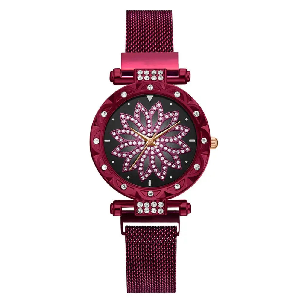Модные женские сетчатые часы с магнитной пряжкой, роскошные женские часы с цветочным принтом, стразы, кварцевые часы, Набор браслетов для женщин, Relogio Feminino - Цвет: 1pcs Red Watch