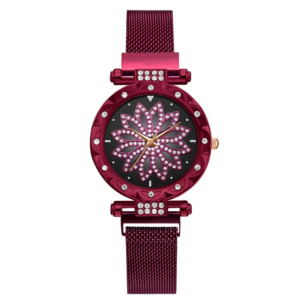 1pcs Red Watch Модные женские сетчатые часы с магнитной пряжкой, роскошные женские часы с цветочным принтом, стразы, кварцевые часы, Набор браслетов для женщин, Relogio Feminino - Цвет: 1pcs Red Watch