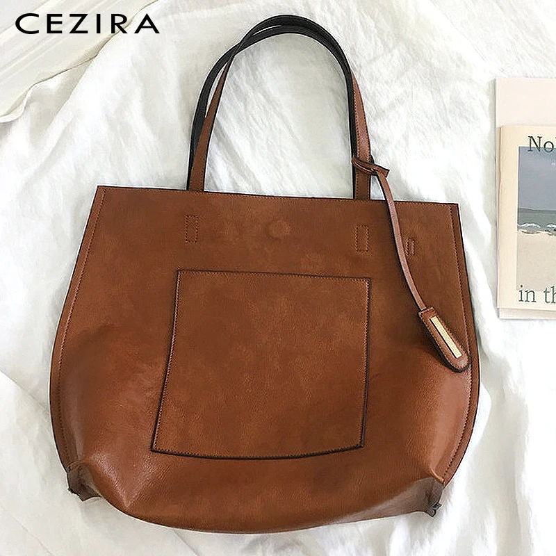 

CEZIRA Faux Leather Large Tote Bag Women's Fashion PU Shoulder Bag Ladies Casual Daily Handbag Reversible Female Chic Zip Purse