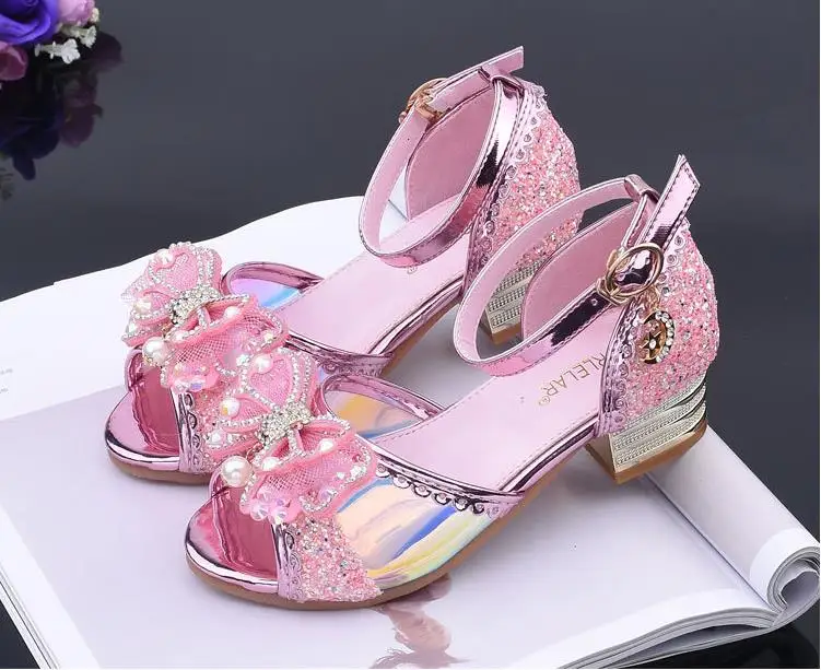 Новинка; босоножки для девочек на высоком каблуке; детская модная кожаная Летняя обувь принцессы Эльзы; Chaussure Enfants Fille Sandalias Nina
