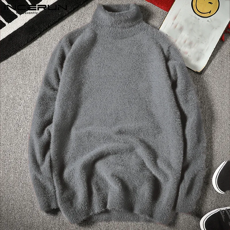 INCERIN Winter Men Sweater Turtleneck Fake Mink Cashmere Streetwear Jumper Long Sleeve Fashion Warm Chic Men Pullover 2019 S-5XL