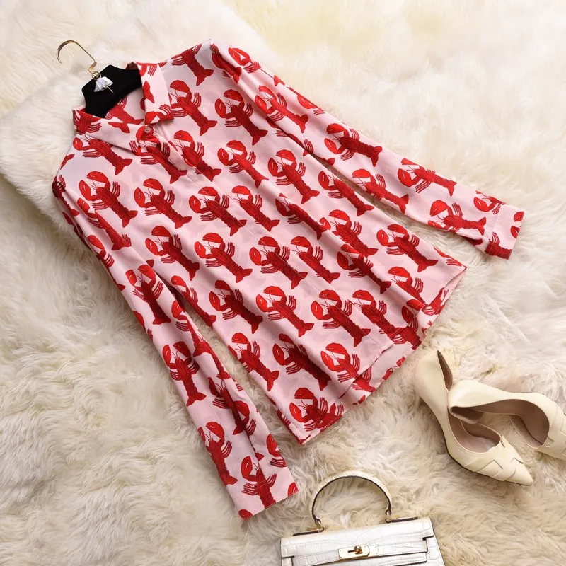 

Women Shirt 2019 Vintage Fun Lobster Print 100% Silk Shirt