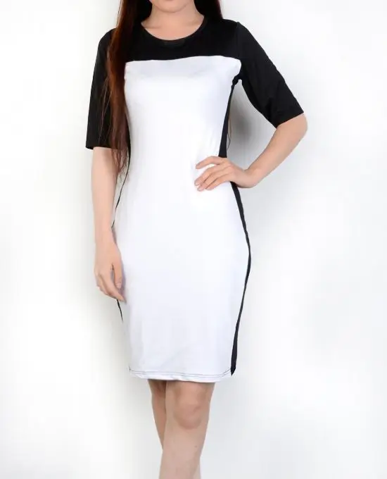 

Fashion Women Ladies Stylish Color Contrast Optical Illusion Short Sleeve Round Neck Clubwear Party Bodycon Stretch Midi Dress