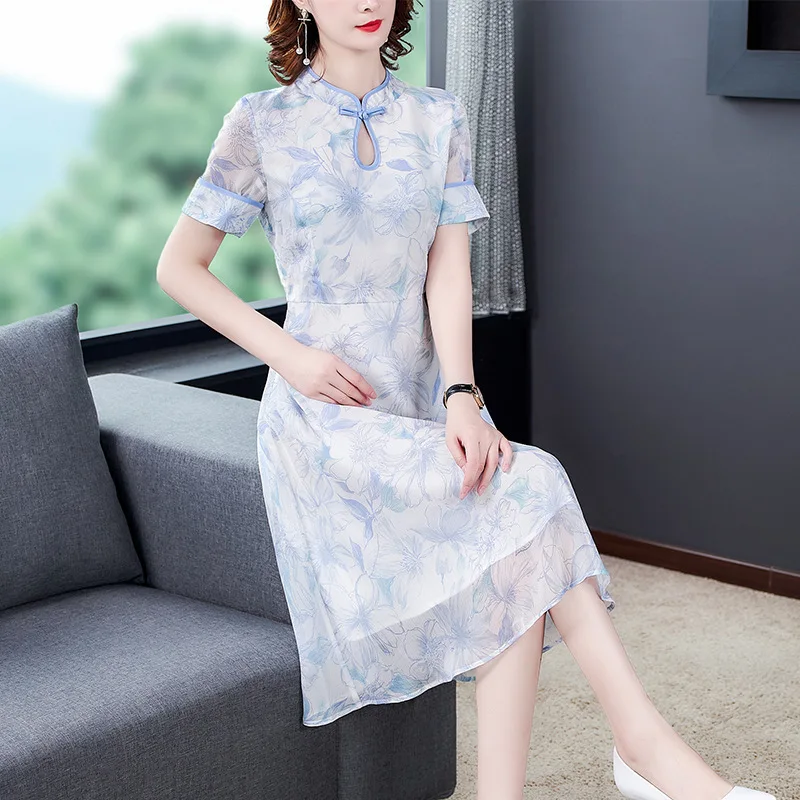 Cheongsam модифицированное шифоновое платье для женщин 2020 Новое китайское летнее