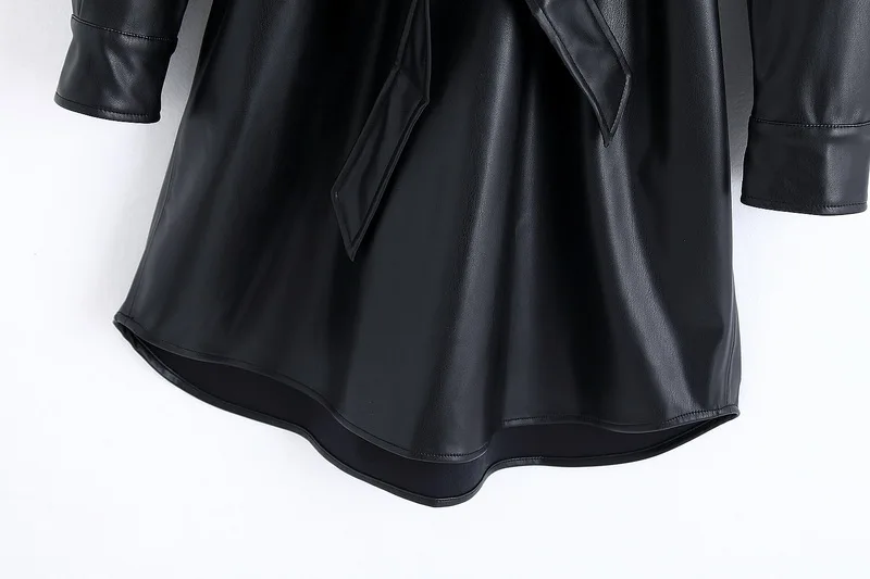 Черное платье из искусственной кожи для женщин осень новая мода пояс с длинным рукавом современные женские платья