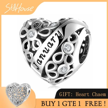 

New 925 Sterling Silver Heart shape clear zircon January Charm for fine Jewelry Making fits Original Designer Charm Bracelet
