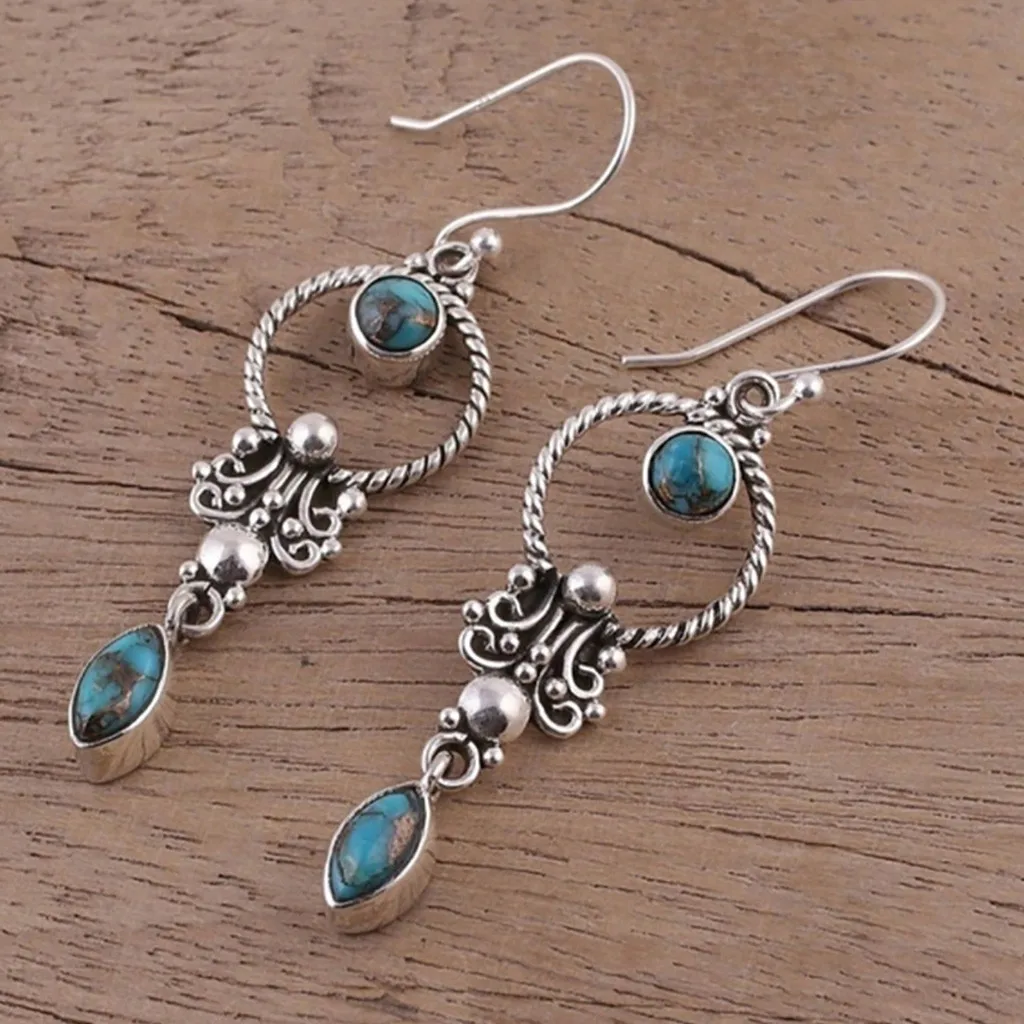 

Vintage Boho Turquoise Gemstone Drop Dangle Hooks Earrings Wedding Engagement