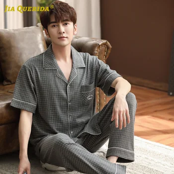 

New Plaid Printing Front Pocket 100% Cotton Turn Down Collar Short Sleeve Long Pants Man Clothes Sleepwear Casual Fashion Style