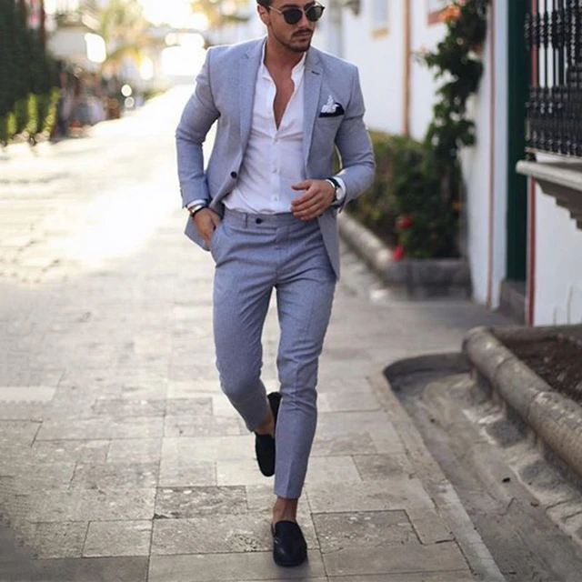 New Blue Jacket Grey Pant Costume Homme Slim Fit Men Suits Wedding