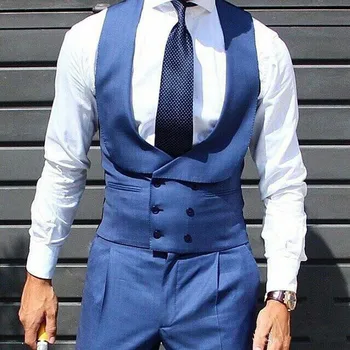 De corte Slim azul de los hombres de negocios Chaleco de doble botonadura y pantalones 2 piezas clásico Hombre Abrigos traje Homme Terno Masculino Trajes