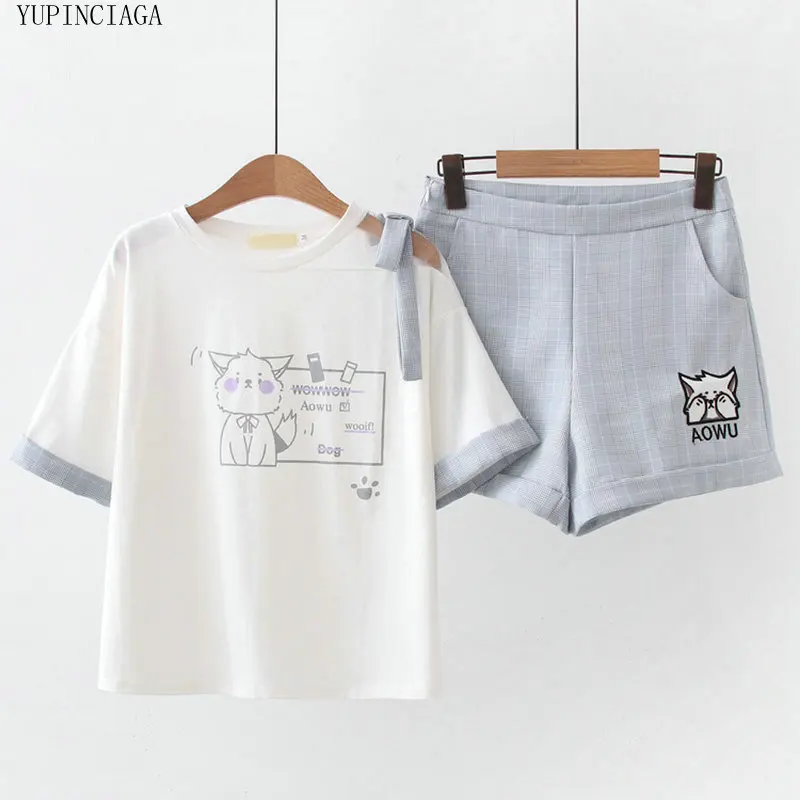 Korean Style Two Piece Set Summer New Cute Cat Print Short-Sleeve T-shirt + Shorts Women's Sets Sweet 2 |