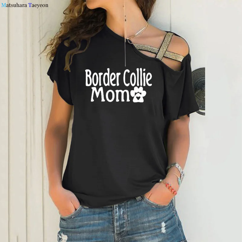 

Border Collie Dog Lover Paw Print Cotton T Shirt Irregular shoulder Out Gift Black Tee shirts Women Summer Tops