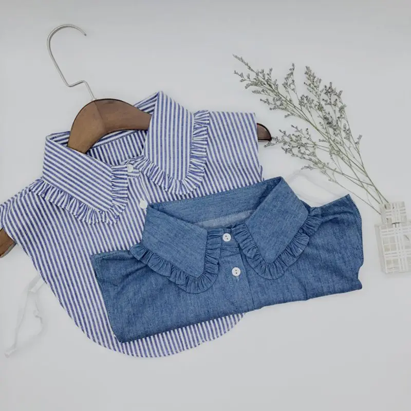 

Minimalist Stripes Denim Women Detachable Lapel Fake Collar Cute Doll Ruffles Lace Splicing Button Down False Half Shirt Blouse