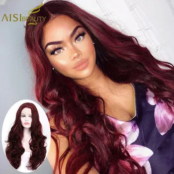 

AISI BEAUTY Long Wavy Wine Red Synthetic Hair Lace Front Wigs For Women Ombre Black Pink Hair Cosplay Lace Wigs