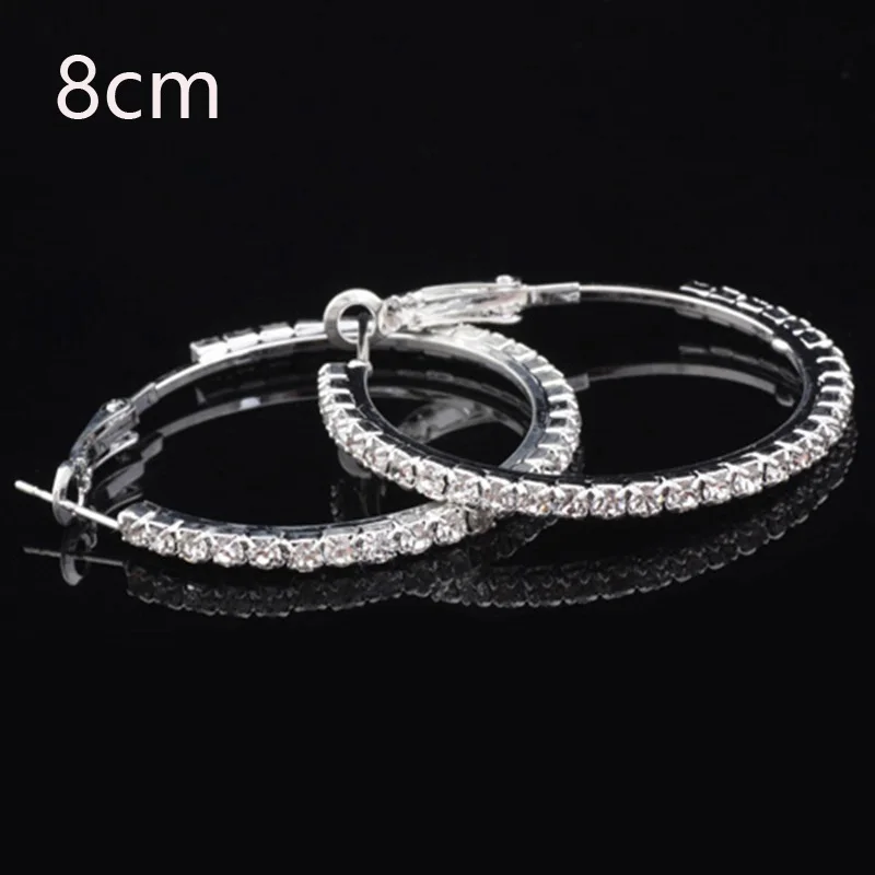 8CM Большие серьги-кольца со стразами, свадебные Стразы с серебряными кристаллами, большая серьга в виде кольца для женщин, женские свадебные украшения 40-100 мм - Окраска металла: 8CM