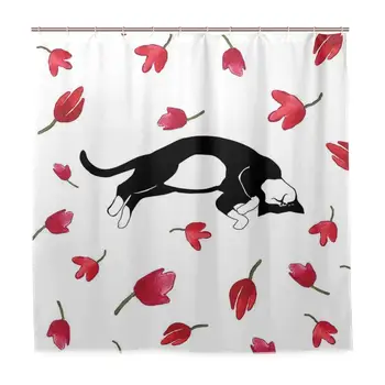 

Cute Kitty Sleeping Surrounded by Tulips Cat Animal Pet Lovely Creature Home Decor Shower Curtain Sets with Hooks Polyester
