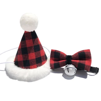 

2Pcs Pet Dogs Caps With Bowknot Cat Dog Festival Celebration Costume Plush Plaid Design Headwear Cap Hat Christmas Party