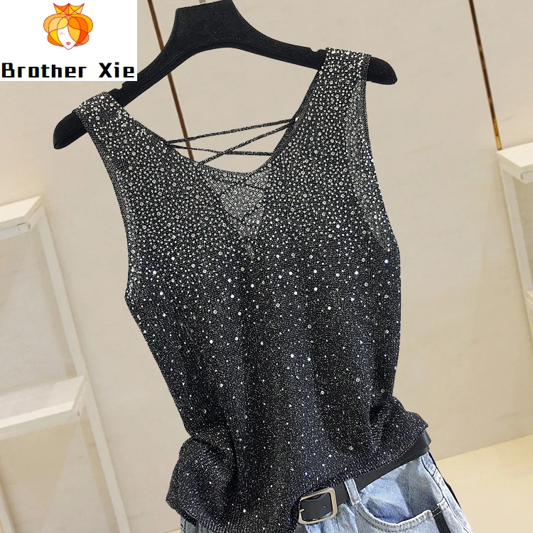 

2020 Summer Top Womennew Heavy Industry Hot Drilling Bright Ribbon Vest Female Irregular Sexy Backless Shirt Tanks Girls