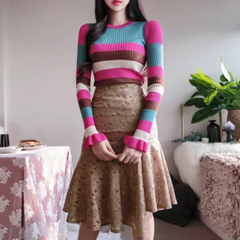 

New Arrived Women stripe Flare sleeve Knitting Sweater + Lace mermaid Skirt Suits 2020 spring fashion