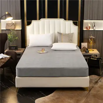 

1 pc Coral Fleece Warm Bed Sheet Single/Double/Queen/King Size drap de lit Gray Color Fitted Sheets For Adult Mattress Cover