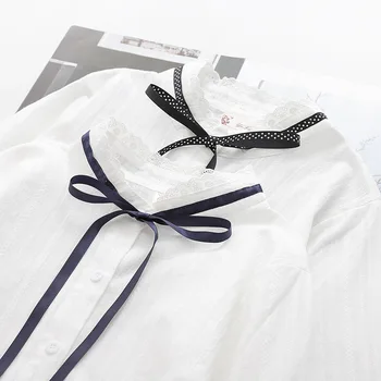 

Spring Autumn White Shirts Fashion Stand Collar Lace Patchwork Bow Lace-up Cotton Loose Blouses Office Ladies Basic Blusas Top