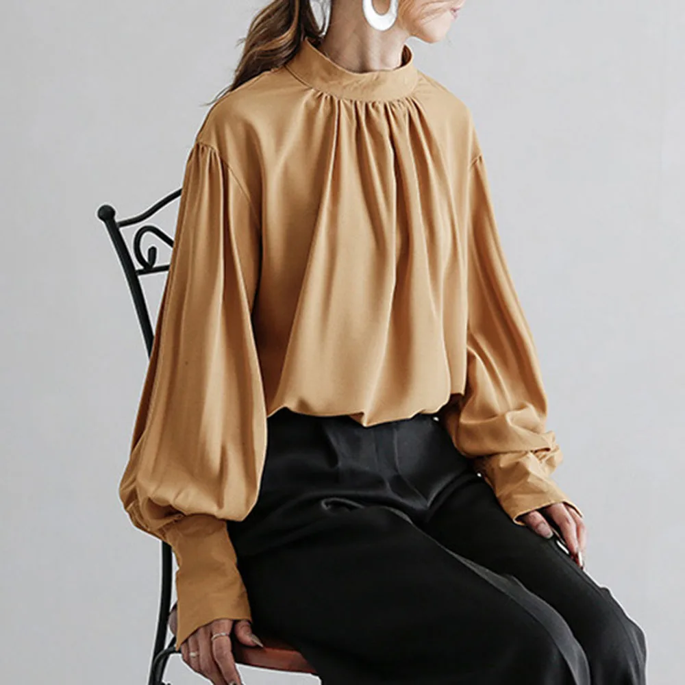 

Spring Fall Office Ladies Blouse Japanese Chiffon Women's Round Neck Lantern Sleeve Pullover Shirts Elegant Solid Color Tops