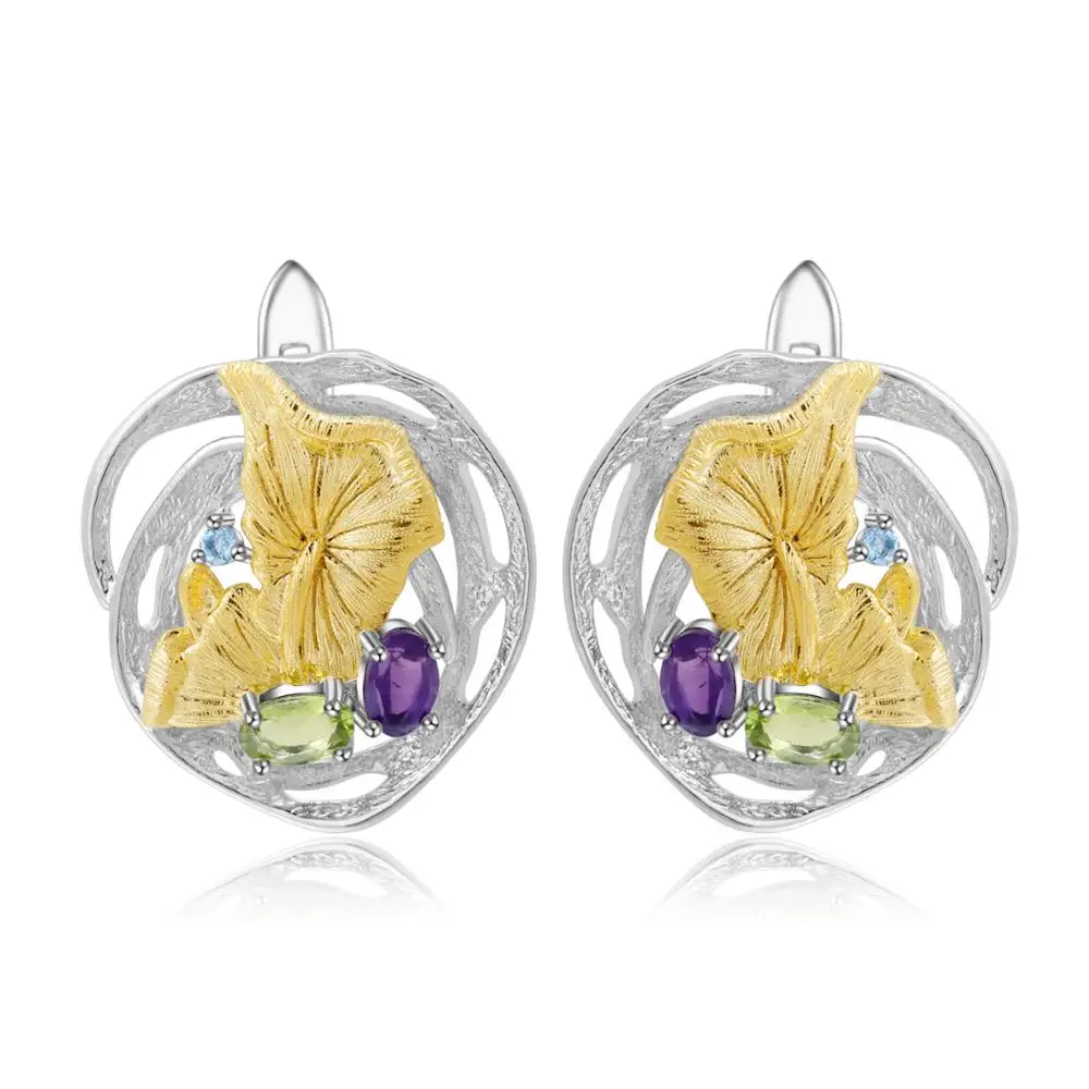 

GEM'S BALLET Real 925 Sterling Silver Handmade Lotus Pond Clip Earrings For Women Natural Amethyst Peridot Earrings Fine Jewelry