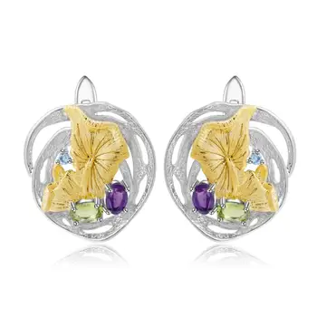 

GEM'S BALLET Real 925 Sterling Silver Handmade Lotus Pond Clip Earrings For Women Natural Amethyst Peridot Earrings Fine Jewelry