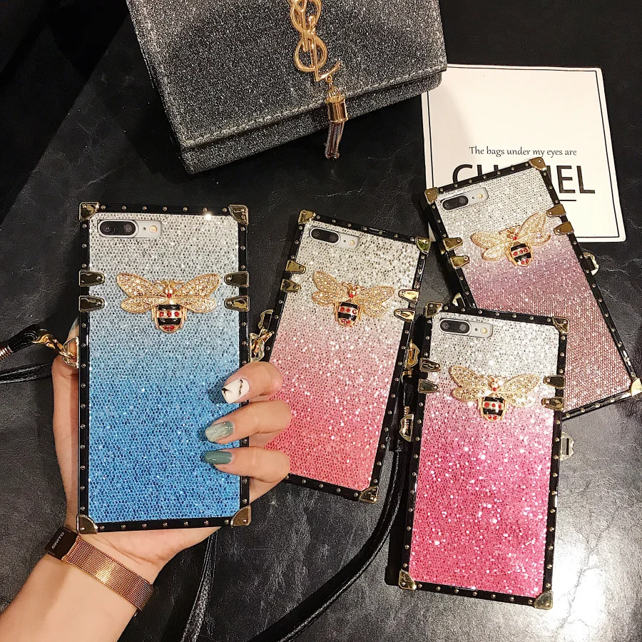 

Gradient Glitter Square Case for Huawei Honor 8X 8A Pro 10i 20i Y7 Prime Y6 Pro Y9 2019 Shining Bee Case with Strap