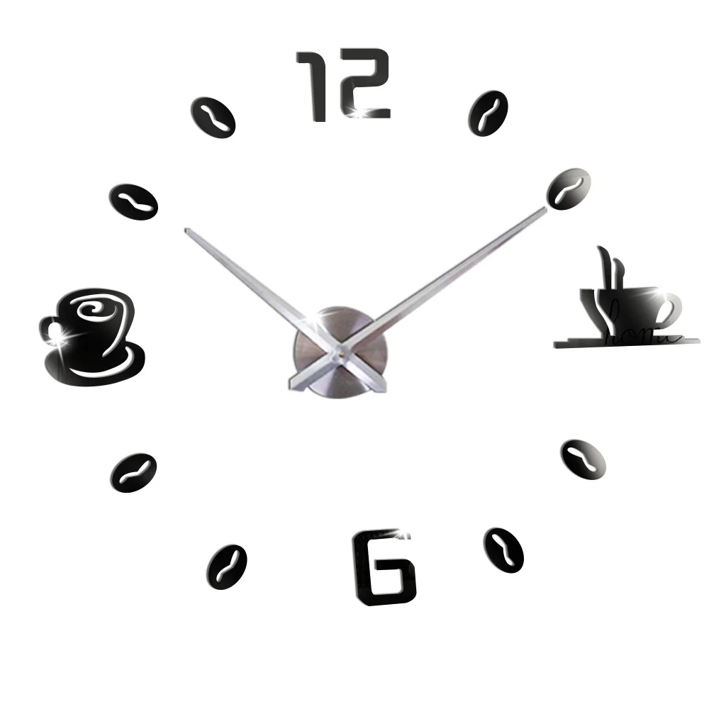 Coffee Cup 3D Large Wall Clock Modern Design Silent Acrylic Decorative Self adhesive DIY Digital Wall Clocks for Living Room 3