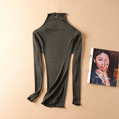 Sweater Women pullovers 80% Natural Silk 20% Cotton turtleneck Rib knits shirt long sleeved sweater Fall winter tops jumper - Цвет: Dark gold brown