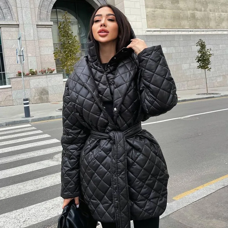 Olivekwok Women Winter Coats  Fahion Solid Black Plaid Parkas Full Sleeve Hooded Streetwear Bandage Heavy Outwear long down puffer coat Coats & Jackets