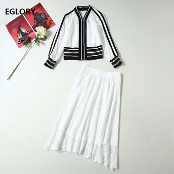 

High Quality Lace Tracksuit Women Black White Color Block Lace Jackets+Mid-Calf Length Lace Skirt Set Casual Jacket Set Female