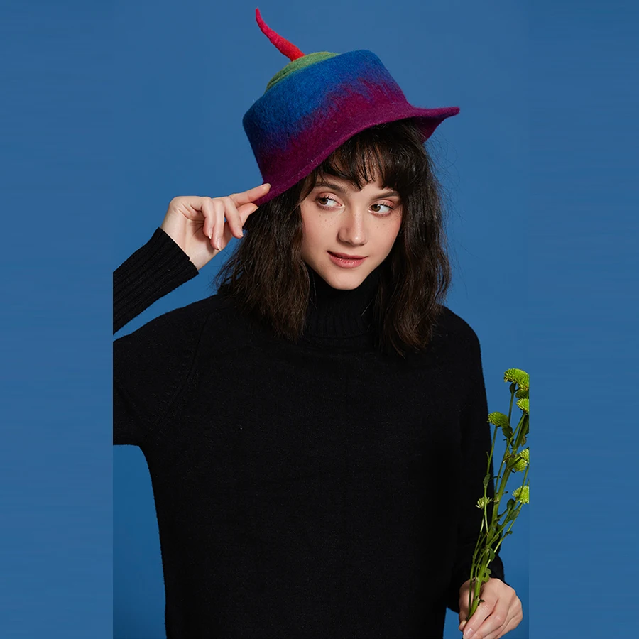 Ограниченная распродажа, радужная шерстяная шапка Felf, женские забавные шляпы ручной работы, женские модные вечерние кепки на Хэллоуин, волшебная Пасхальная шляпа для дам