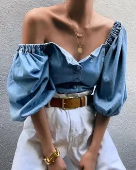 

clothing UVRCOSclothing UVRCOS 2019 New off-Shoulder Lantern Sleeve Women's Solid Color Button T-shirt