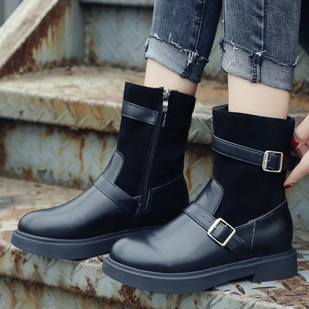 

Buckle Strap Knight Boots Women PU Leather Suqare Heels Pure Color Round Toe flats Ankle Boots for Women chaussures femme