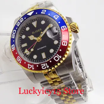 

BLIGER Brand Automatic Men Wristwatch Sapphire Glass Gold Coated Bezel Jubilee Band GMT Hand