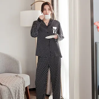 

Sleepwear Chiffon Nightwear Casual Print Pajamas Set Women 2PCS Shirt&PantsPyjamas Kimono Robe Spring New Intimate Lingerie