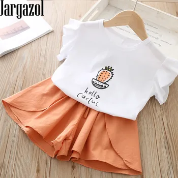 

Jargazol Summer Kids Clothes Cute Cartoon Cactus Letter Printed Shirt&divided Skirt Korean Outfits Little Girls Clothing Set