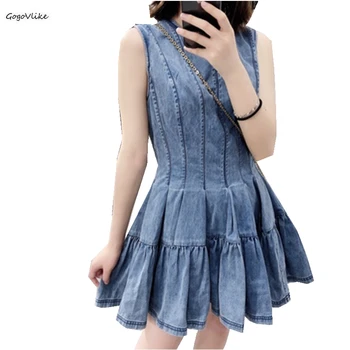 

2019 Summer Denim Dress Women Pleated Slim Jeans Mini Dresses Women Sleeveless Jean Sundress Vestidos Tank Vestidos SA238S40