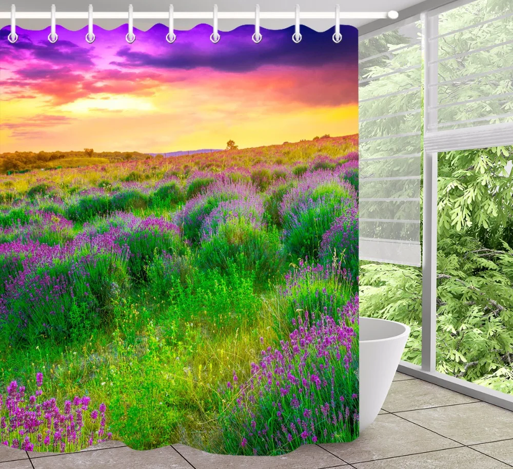 

Purple Lavender Flower Field Bathroom Shower Curtain Nature Waterproof Eco-Friendly Washable Polyester Fabric for Bathtub Decor