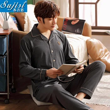 

Men Pajamas Set Warm Cotton Male Long-sleeved Plaid Print Pyjama Loose Men Home Set Casual Turn-down Collar Sleepwear Top+ Pants