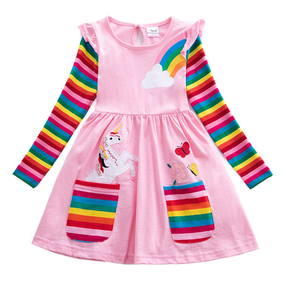 Платье для девочек из хлопка; детская одежда; платье с длинными рукавами и единорогом для девочек; сезон весна-осень; платье с вышитыми карманами и радужными рукавами - Цвет: Pink 81035